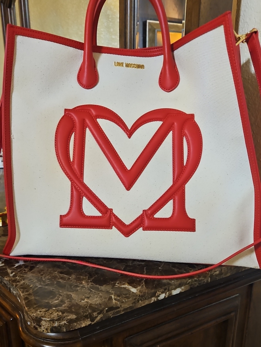 Love Moschino White Canvas Tote with Red Trim and Heart Logo